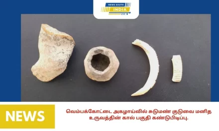 வெம்பக்கோட்டை அகழாய்வில் சுடுமண் குடுவை மனித உருவத்தின் கால் பகுதி கண்டுபிடிப்பு
