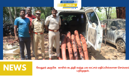 வேலூர் அருகே காரில் கடத்தி வந்த பல லட்சம் மதிப்பில்லான செம்மரம் பறிமுதல்.