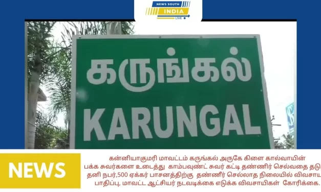 கன்னியாகுமரி மாவட்டம் கருங்கல் அருகே கிளை கால்வாயின் பக்க சுவர்களை உடைத்து காம்பவுண்ட் சுவர் கட்டி தண்ணிர் செல்வதை தடுத்த தனி நபர்,500 ஏக்கர் பாசனத்திற்கு தண்ணீர் செல்லாத நிலையில் விவசாயம் பாதிப்பு, மாவட்ட ஆட்சியர் நடவடிக்கை எடுக்க விவசாயிகள் கோரிக்கை