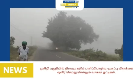 முசிறி பகுதியில் நிலவும் கடும் பனிப்பொழிவு -முகப்பு விளக்கை ஒளிர செய்து செல்லும் வாகன ஓட்டிகள்.