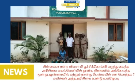 சின்னப்பா என்ற விவசாயி பூச்சிக்கொல்லி மருந்து கலந்த அரிசியை வயல்வெளியில் தூவிய நிலையில், அங்கே வந்த மூன்று ஆண்மையில் மற்றும் நான்கு பெண்மயில் என மொத்தம் 7 மயில்கள் அந்த அரிசியை உண்டு உயிரிழப்பு