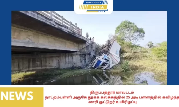 நாட்றம்பள்ளி அருகே தூக்க கலக்கத்தில் 25 அடி பள்ளத்தில் கவிழ்ந்த லாரி ஓட்டுநர் உயிரிழப்பு