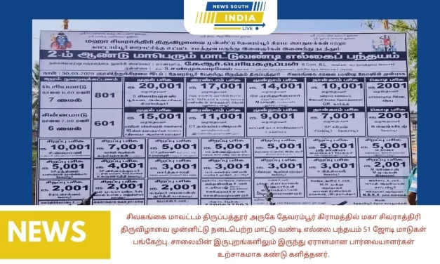 சிவகங்கை மாவட்டம் திருப்பத்தூர் அருகே தேவரம்பூர் கிராமத்தில் மகா சிவராத்திரி திருவிழாவை முன்னிட்டு நடைபெற்ற மாட்டு வண்டி எல்லை பந்தயம் 51 ஜோடி மாடுகள் பங்கேற்பு. சாலையின் இருபுறங்களிலும் இருந்து ஏராளமான பார்வையாளர்கள் உற்சாகமாக கண்டு களித்தனர்.