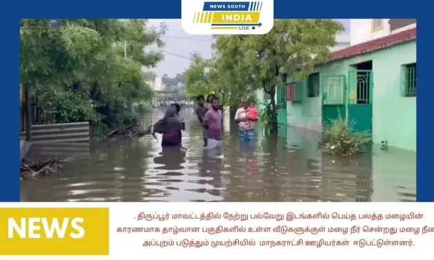 திருப்பூர் மாவட்டத்தில் நேற்று பல்வேறு இடங்களில் பெய்த பலத்த மழையின் காரணமாக தாழ்வான பகுதிகளில் உள்ள வீடுகளுக்குள் மழை நீர் சென்றது மழை நீரை அப்புறம் படுத்தும் முயற்சியில் மாநகராட்சி ஊழியர்கள் ஈடுபட்டுள்ளனர்.