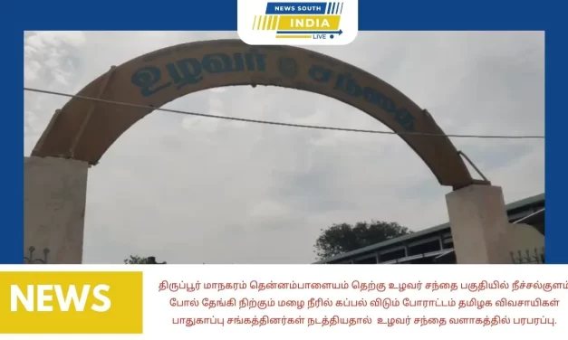 திருப்பூர் மாநகரம் தென்னம்பாளையம் தெற்கு உழவர் சந்தை பகுதியில் நீச்சல்குளம் போல் தேங்கி நிற்கும் மழை நீரில்கப்பல் விடும் போராட்டம் தமிழக விவசாயிகள் பாதுகாப்பு சங்கத்தினர்கள் நடத்தியதால் உழவர் சந்தை வளாகத்தில் பரபரப்பு.